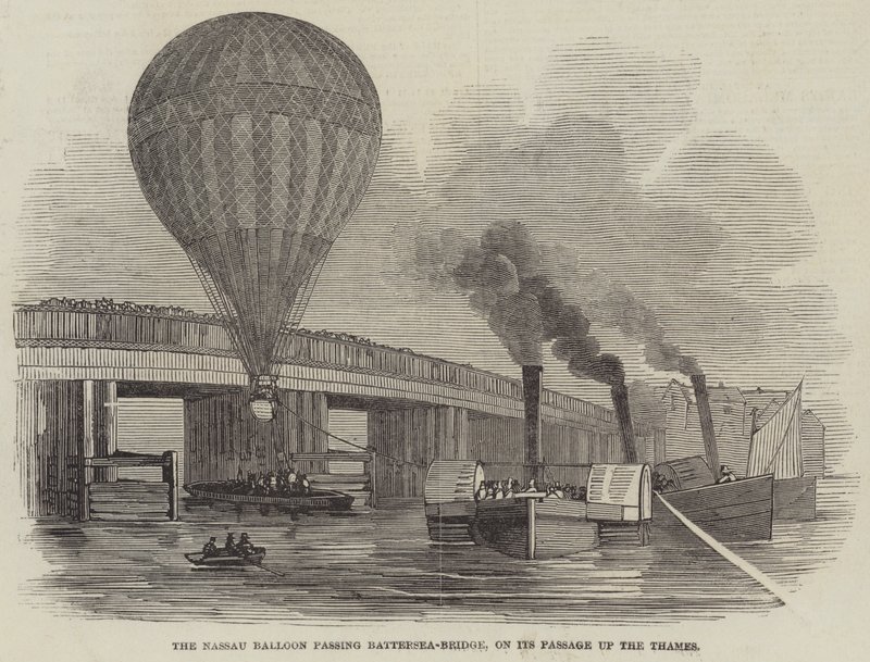 O Balão Nassau passando Battersea-Bridge, na sua Passagem pelo Tamisa (gravura) de English School