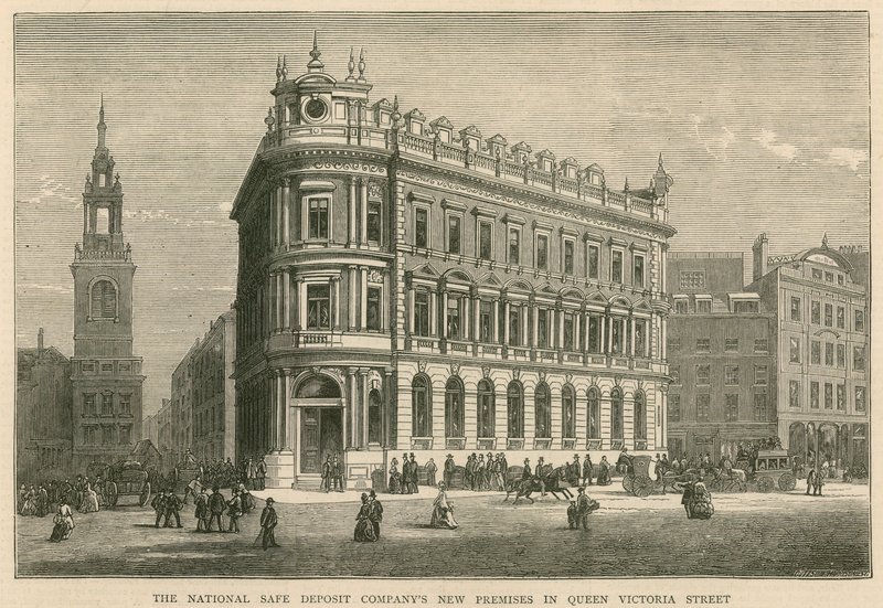 As novas instalações da National Safe Deposit Companys na Queen Victoria Street, Londres de English School