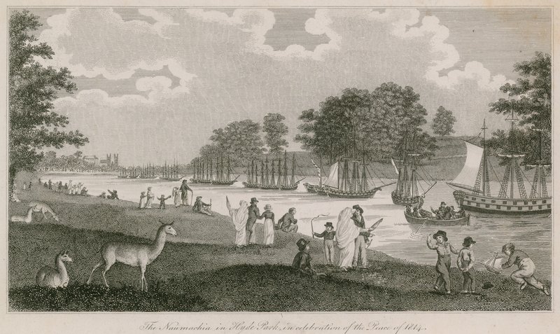 O Naumachia no Hyde Park em comemoração da Paz de 1814 de English School