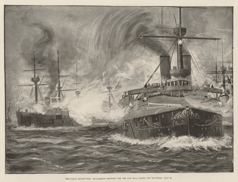 As Manobras Navalescas, Noivado entre as Frotas Vermelha e Azul ao largo de Holyhead, 31 de Julho (litho) de English School