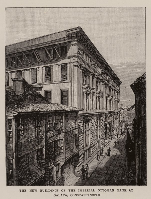 Os Novos Edifícios do Banco Imperial Otomano em Galata, Constantinopla (gravura) de English School