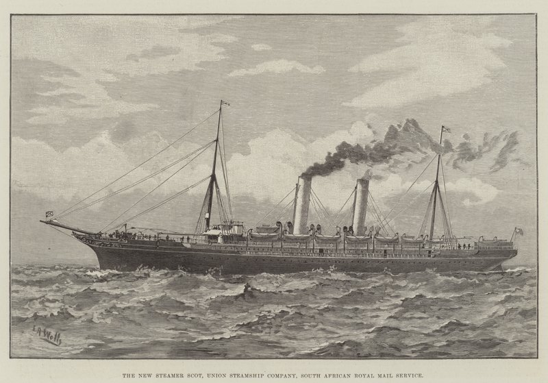 The New Steamer Scot, Union Steamship Company, South African Royal Mail Service (gravura) de English School