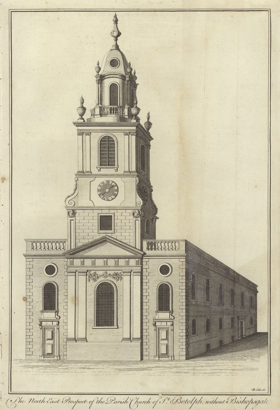 A perspectiva do nordeste da igreja paroquial de St Botolph sem Bishopsgate, Londres de English School