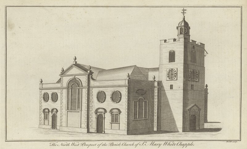 A perspectiva do noroeste da igreja paroquial de St Mary Whitechapel, Londres de English School
