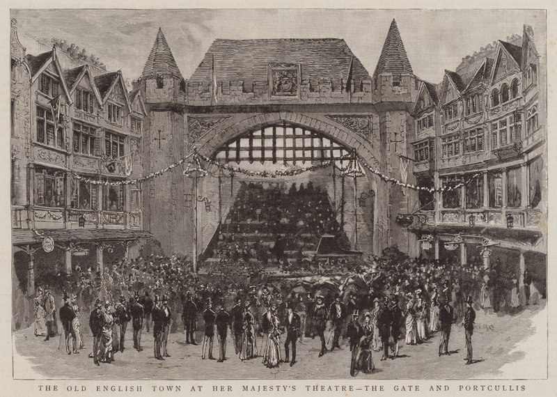 A Cidade Velha Inglesa no Teatro de Sua Majestade, o Portão e Portcullis (gravura) de English School
