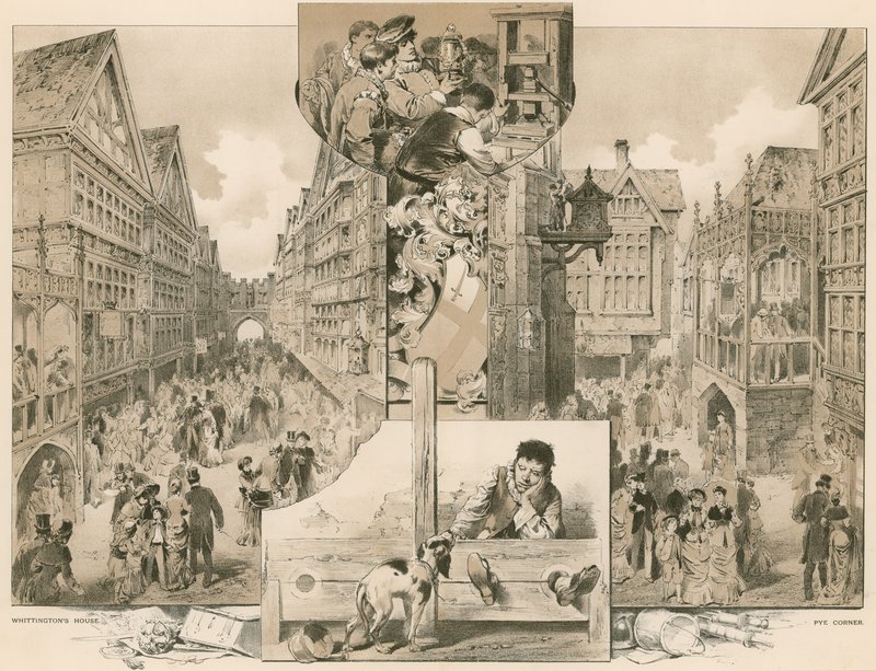A antiga rua de Londres na exposição de saúde; Casa de Whittingtons, canto de Pye de English School