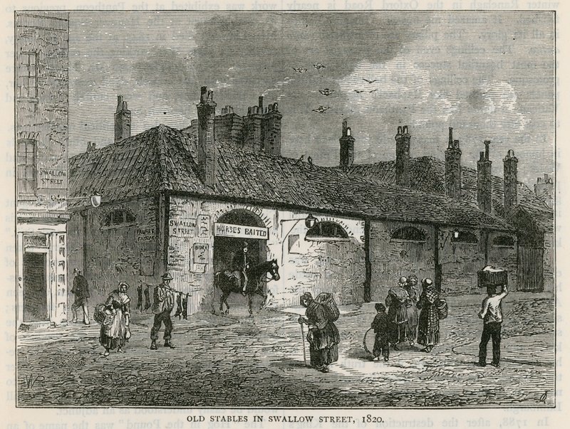 Os estábulos antigos em Swallow Street, Londres de English School