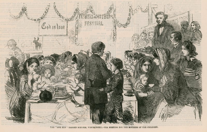 The One Tun Ragged Schools, Westminster, Londres - reunião de chá para as mães das crianças de English School