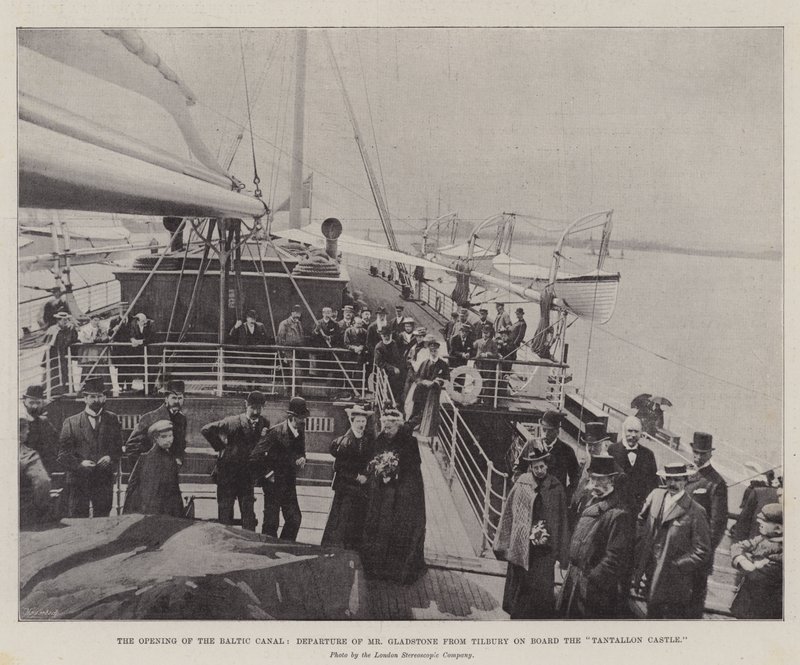 Abertura do Canal do Báltico, partida do Sr. Gladstone de Tilbury a bordo do "Castelo de Tantallon" (gravura) de English School