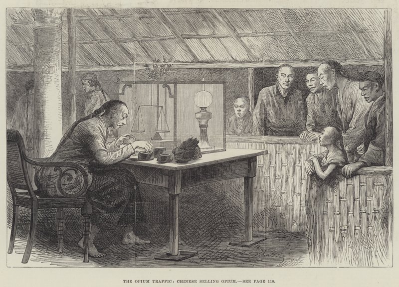 O tráfego de ópio, chinês vendendo ópio (gravura) de English School