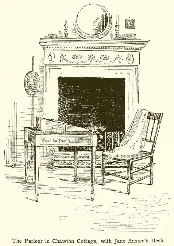 O salão em Chawton Cottage, com Jane Austens Desk de English School