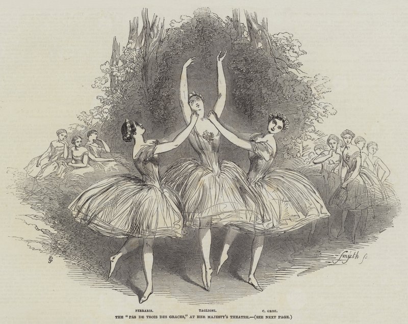 A "Pas de Trois des Graces", no Teatro de Sua Majestade (gravura) de English School