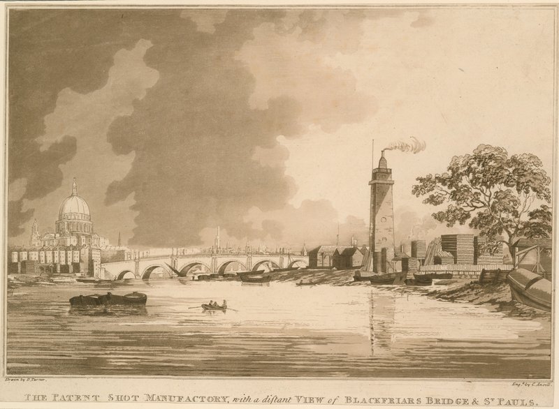 The Patent Shot Manufactury, com uma visão distante da Ponte Blackfriars e St Pauls, Londres de English School