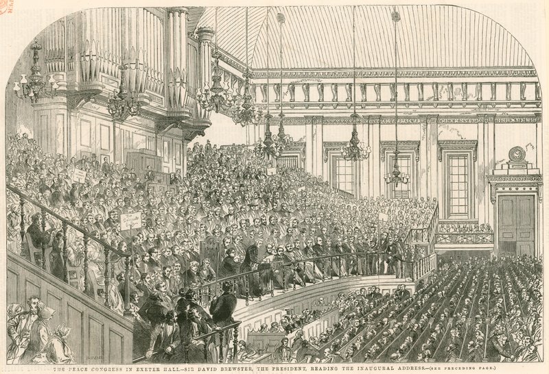 O Congresso da Paz em Exeter Hall, Sir David Brewster, o presidente, lendo o discurso de posse de English School