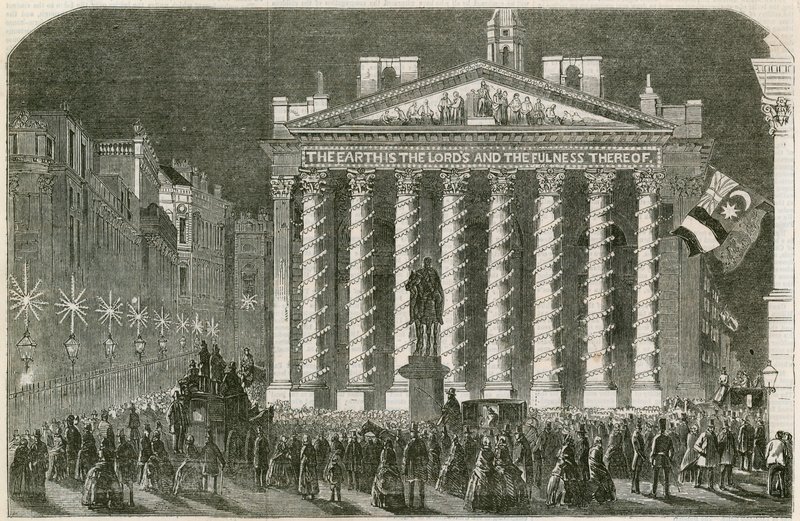 As iluminações da paz no Royal Exchange, Londres, 29 de maio de 1856 de English School