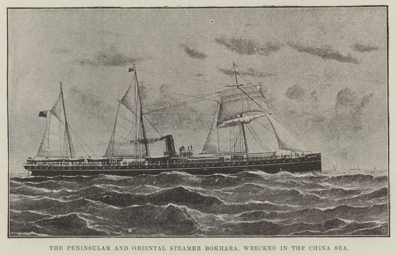 O Peninsular e Oriental Steamer Bokhara, naufragado no Mar da China (litho) de English School