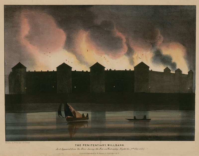 A Penitenciária, Millbank, Londres, como surgiu do rio durante o incêndio na noite de 7 de outubro de 1835 de English School