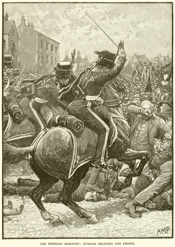 O massacre de Peterloo: hussardos cobrando as pessoas de English School