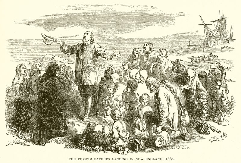Os Padres Peregrinos que aterram na Nova Inglaterra, 1660 de English School