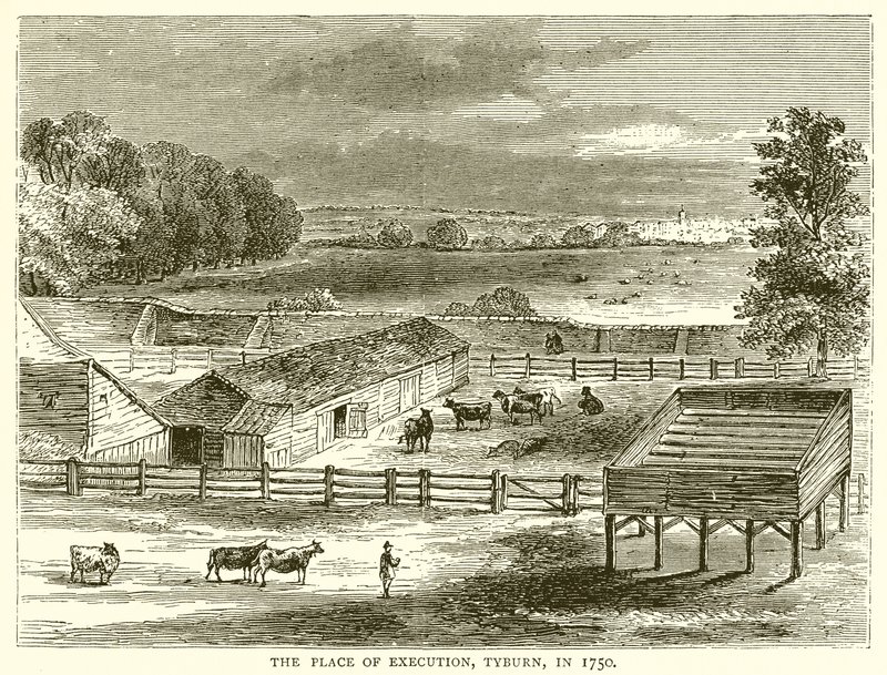 O lugar da execução, Tyburn, em 1750 de English School