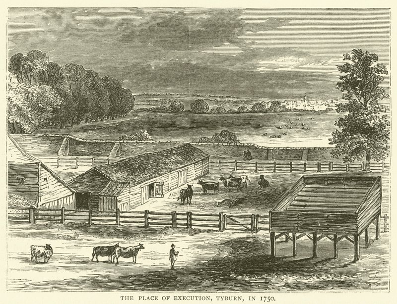 O local de execução, Tyburn, em 1750 de English School