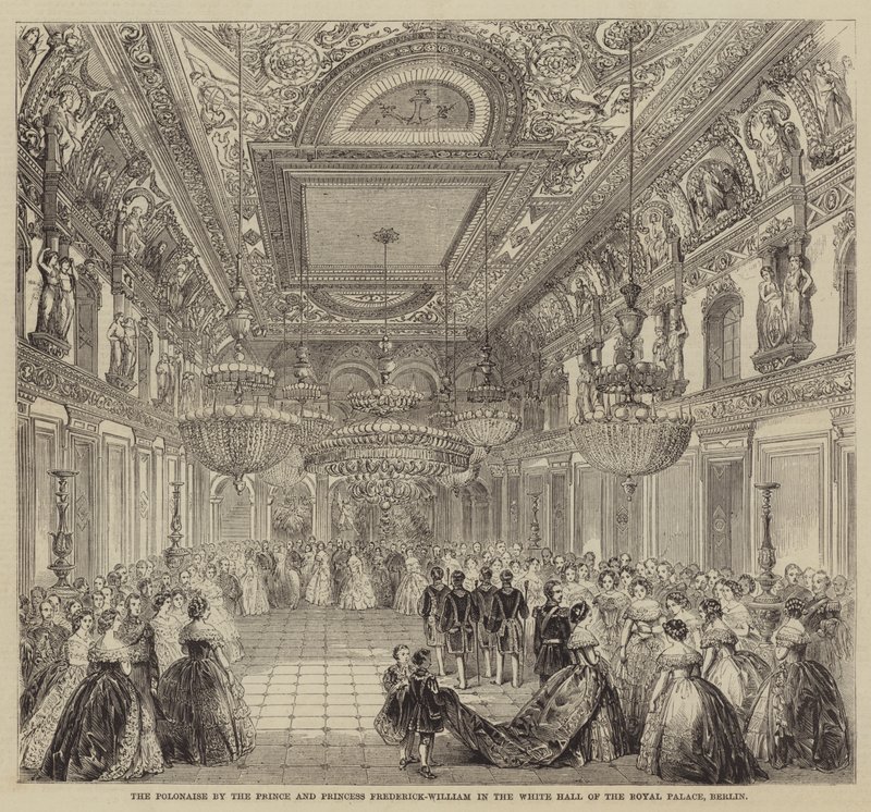 A Polonaise pelo Príncipe e Princesa Frederick-William no Salão Branco do Palácio Real, Berlim (gravura) de English School