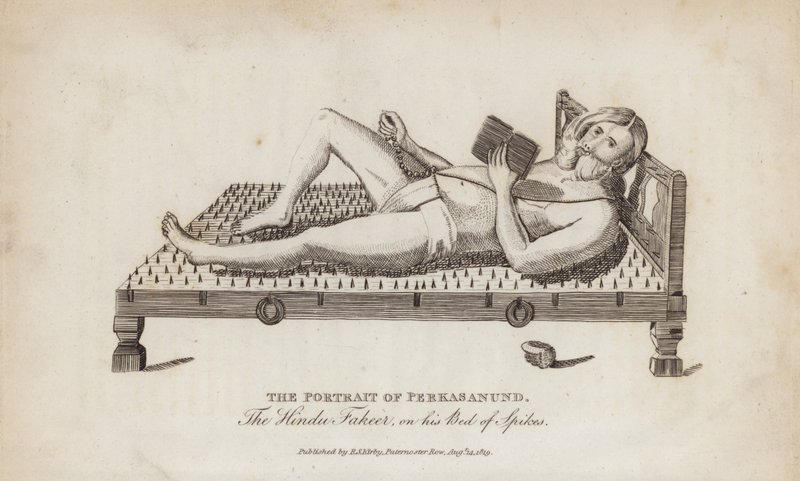Retrato de Perkasanund, o falsificador hindu, no seu leito de espinhos (gravura) de English School