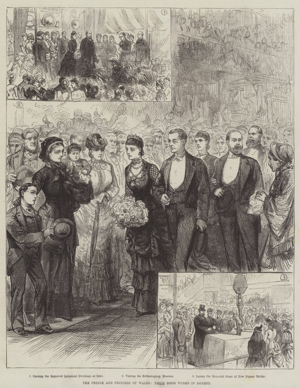 The Prince and Princess of Wales, their Good Works in London (gravura) de English School