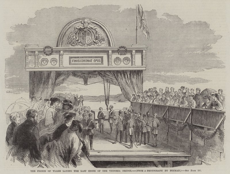 O Príncipe de Gales lançando a última pedra da Ponte Vitória (gravura) de English School