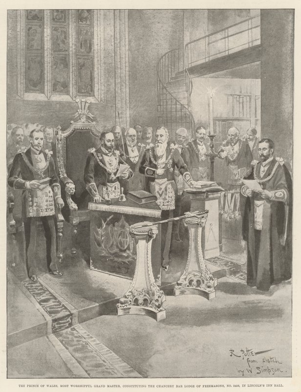 O Príncipe de Gales, Grão-Mestre Muito Venerável, constituindo a Chancery Bar Lodge of Freemasons, No 2456, no Lincoln