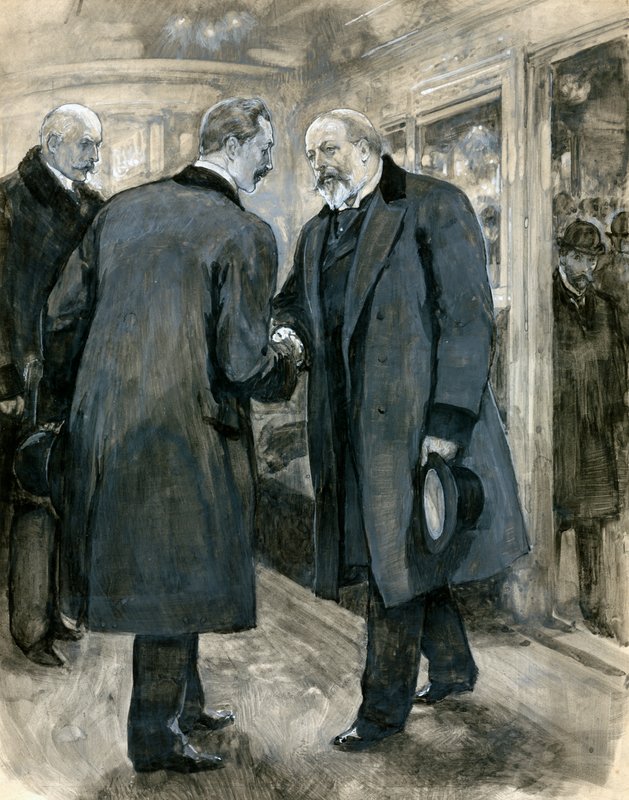 O Príncipe de Gales cumprimenta o imperador alemão, Estação Charing Cross, 20 de janeiro de 1901 (wc no papel) de English School
