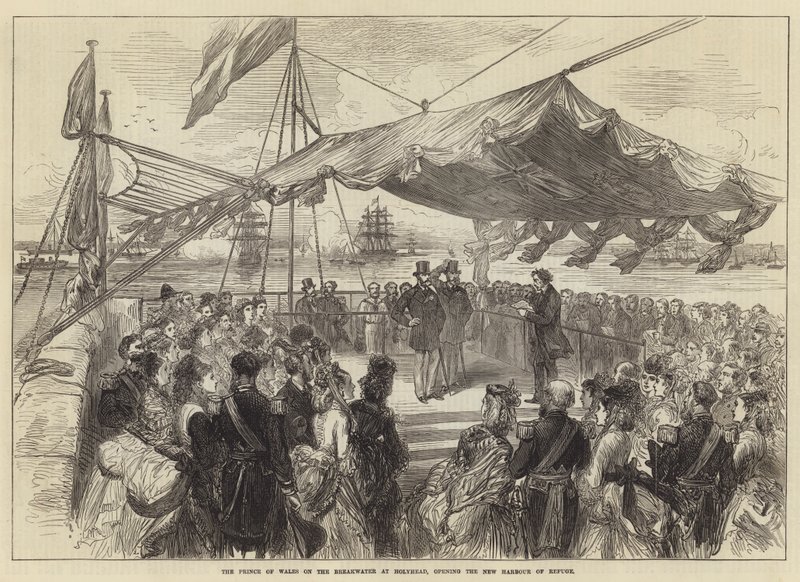 O Príncipe de Gales no quebra-mar em Holyhead, abrindo o Novo Porto de Refúgio (gravura) de English School