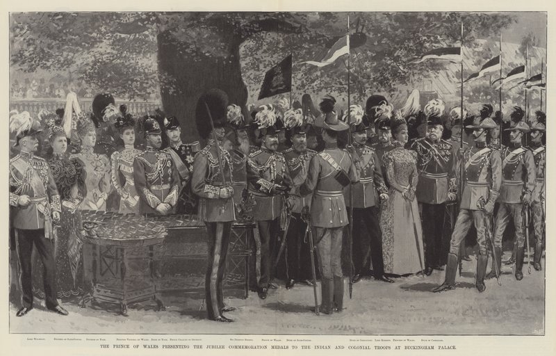 O Príncipe de Gales apresenta as Medalhas de Comemoração do Jubileu às Tropas Indígenas e Coloniais no Palácio de Buckingham (litho) de English School