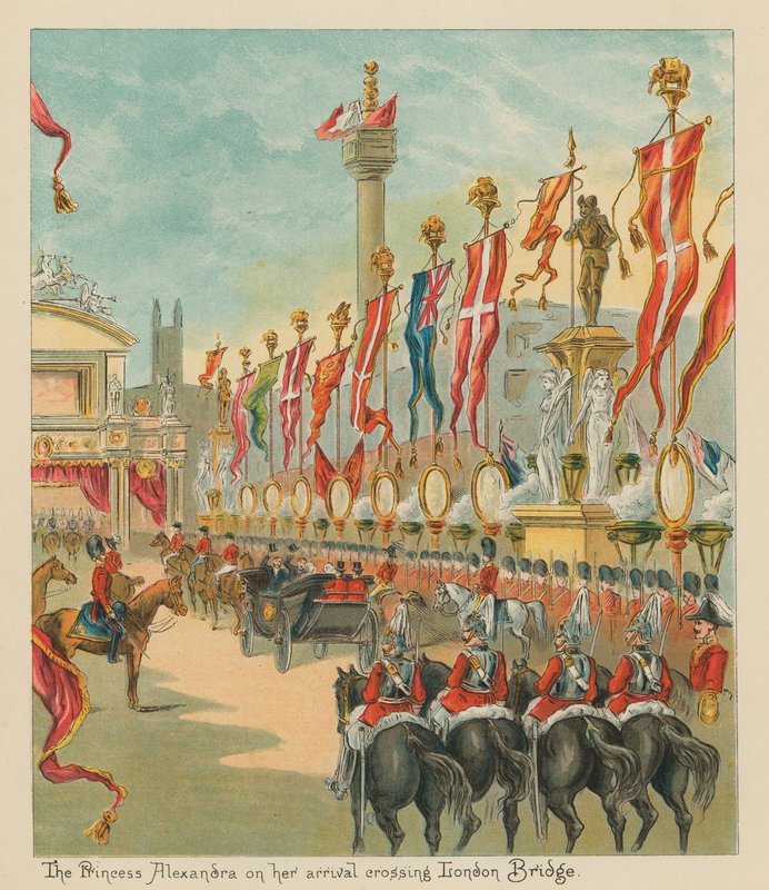 A princesa Alexandra em sua chegada cruzando a ponte de Londres de English School