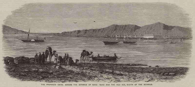 O Canal proposto através do Istmo de Suez, Suez e o Mar Vermelho, ao Sul do Istmo (gravura) de English School