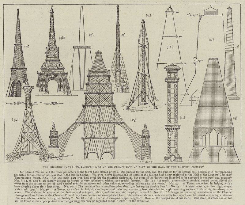A Proposed Tower for London, alguns dos Designs agora em Vista no Hall da Empresa Drapers (gravura) de English School