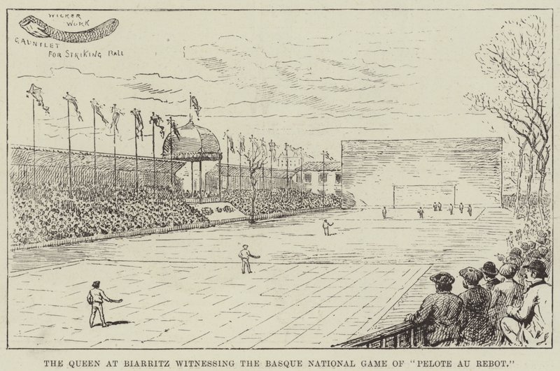 A Rainha em Biarritz testemunha do Jogo Nacional Basco de "Pelote au Rebot" (gravura) de English School