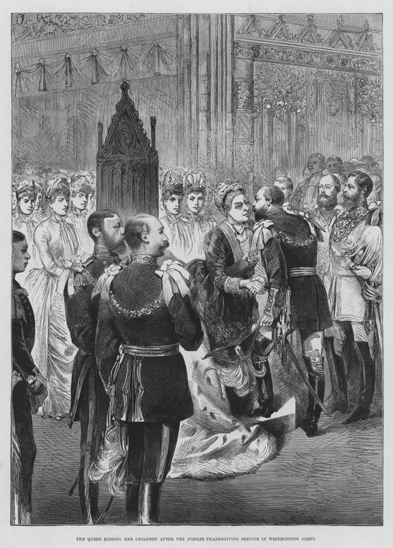 A Rainha beijando seus filhos após o Serviço de Ação de Graças do Jubileu na Abadia de Westminster (gravura) de English School