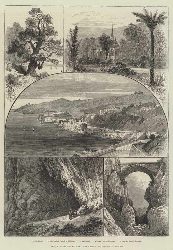 A Rainha na Riviera, Vistas sobre Mentone (gravura) de English School