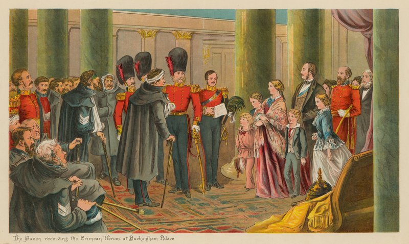 A rainha recebendo os heróis da Crimeia no Palácio de Buckingham de English School