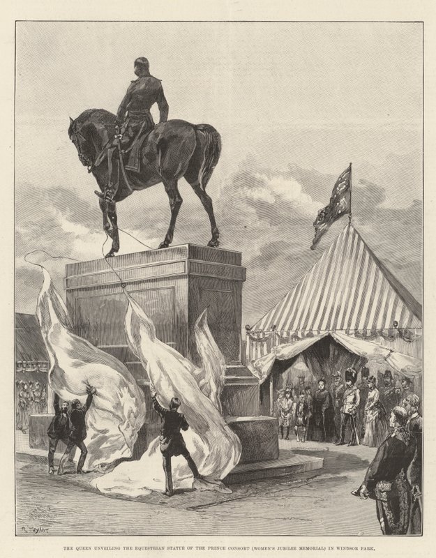 A Rainha desvelando a Estátua Equestre do Príncipe Consorte (Memorial do Jubileu da Mulher) em Windsor Park (gravura) de English School