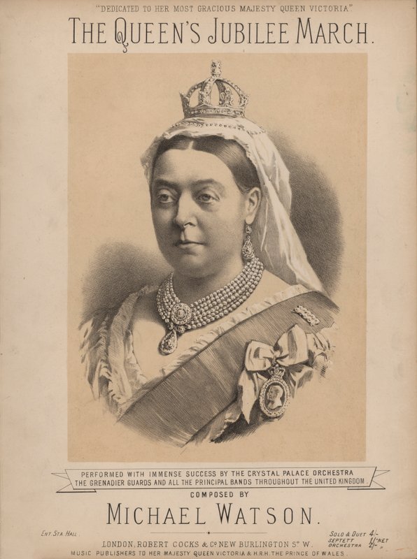 A Marcha do Jubileu das Rainhas - com retrato da Rainha Vitória (cor litho) de English School