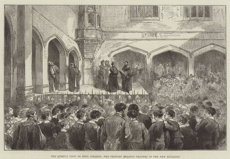 A visita da Rainha ao Colégio Eton, o reitor a ler orações no Novo Edifício (gravura) de English School