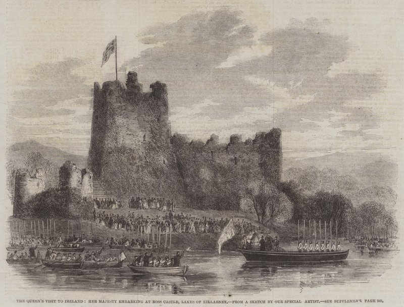 A visita da Rainha à Irlanda, Sua Majestade embarcando no Castelo de Ross, Lagos de Killarney (gravura) de English School