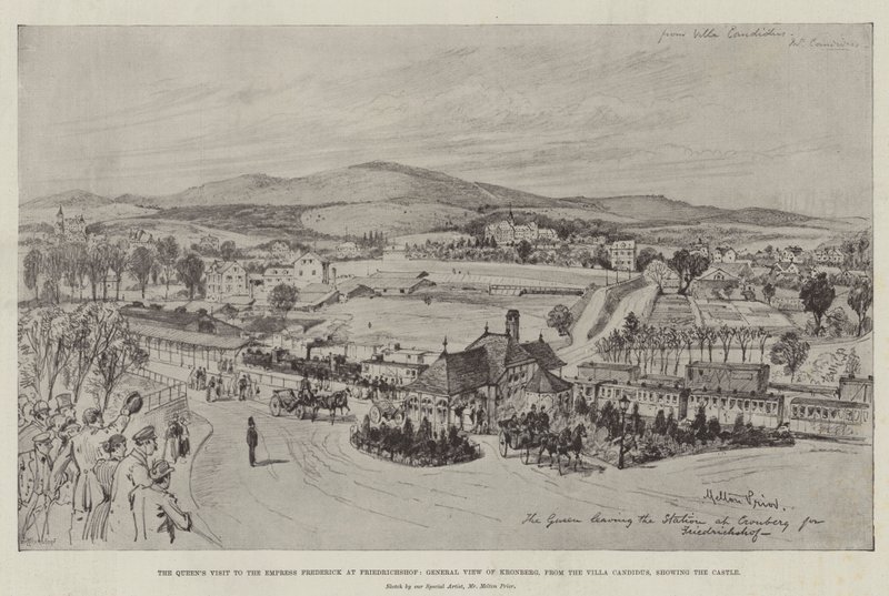 A visita da Rainha à Imperatriz Frederick em Friedrichshof, Vista Geral de Kronberg, da Villa Candidus, mostrando o Castelo (gravura) de English School