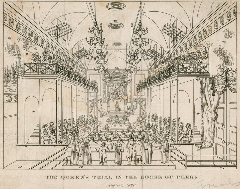 O julgamento do Queens na Casa dos Pares, agosto de 1820 de English School