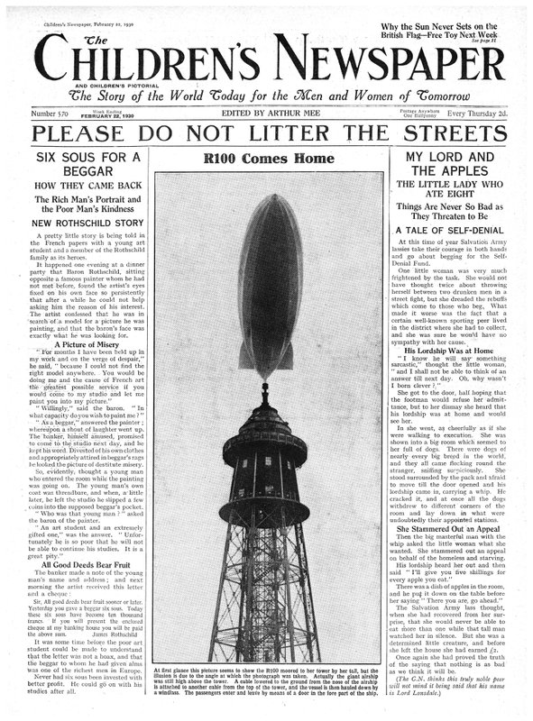 O R100 Airship Comes Home, primeira página do &39;The Children&39;s Newspaper&39;, fevereiro de 1930 (papel de jornal) de English School