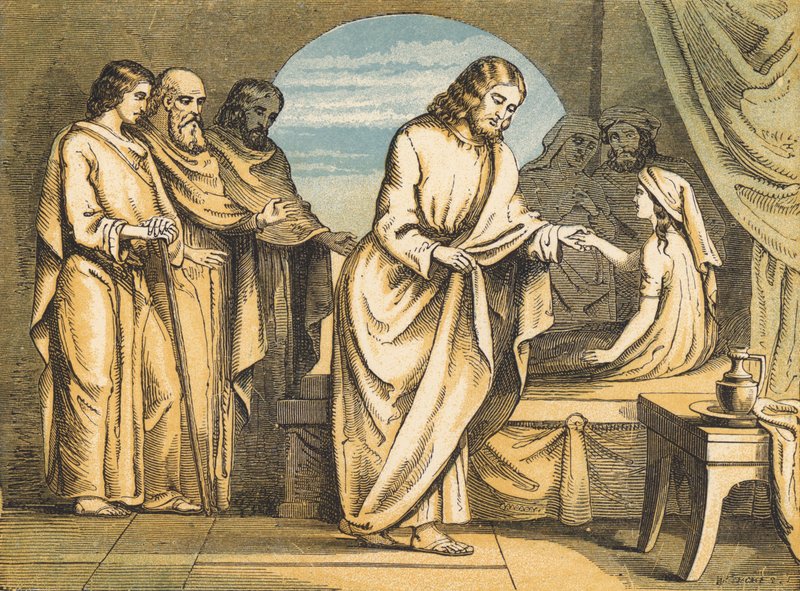 A Ascensão da Filha de Jairus (gravura colorida) de English School