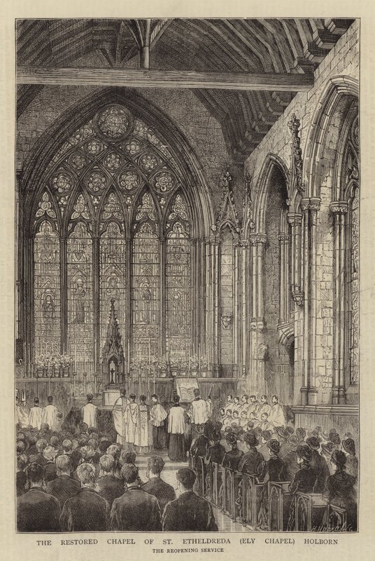 A Capela Restaurada de Santa Etheldreda (Capela Ely) Holborn (gravura) de English School