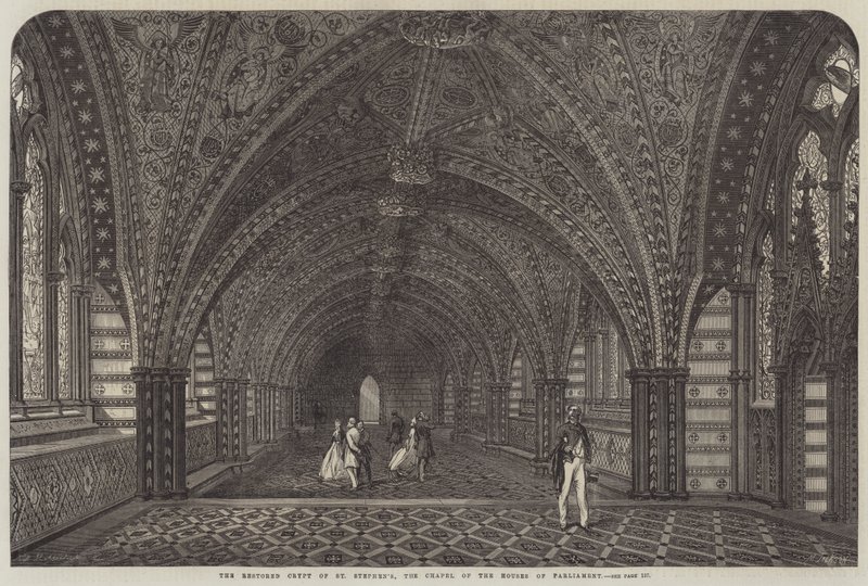 A Cripta Restaurada de Santo Estêvão, a Capela das Câmaras do Parlamento (gravura) de English School
